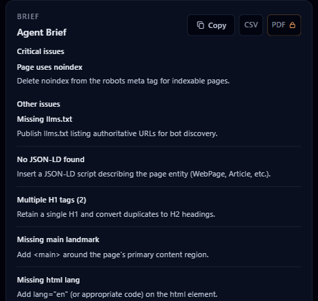 Agent Brief toolbar with Copy brief, free CSV export, and Pro-gated PDF export