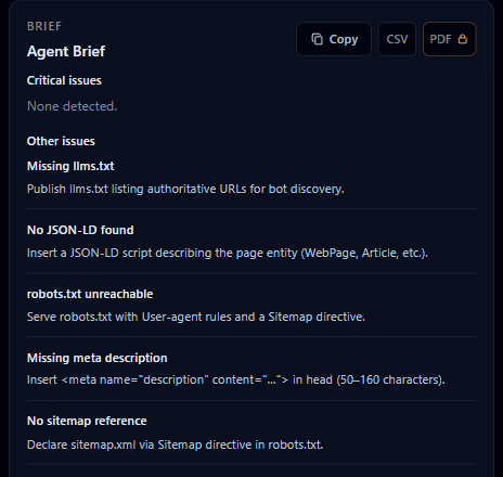 Agent Brief copy button and issues list in extension side panel