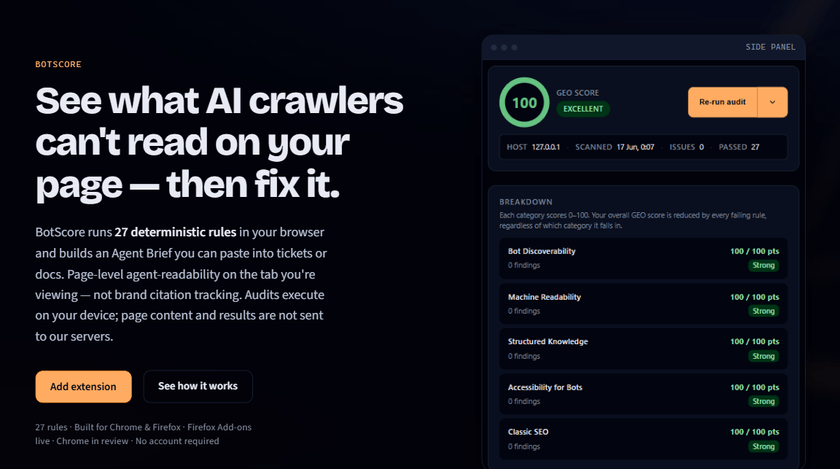 botscore.io landing page open in a browser tab, ready for a BotScore audit