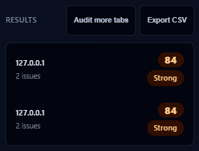 Bulk tab audit results with scores, issue counts, and CSV export