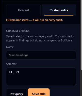 Settings custom rules tab with selector test and a saved rule