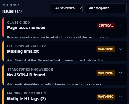 Issues list with severity filters and expandable audit findings